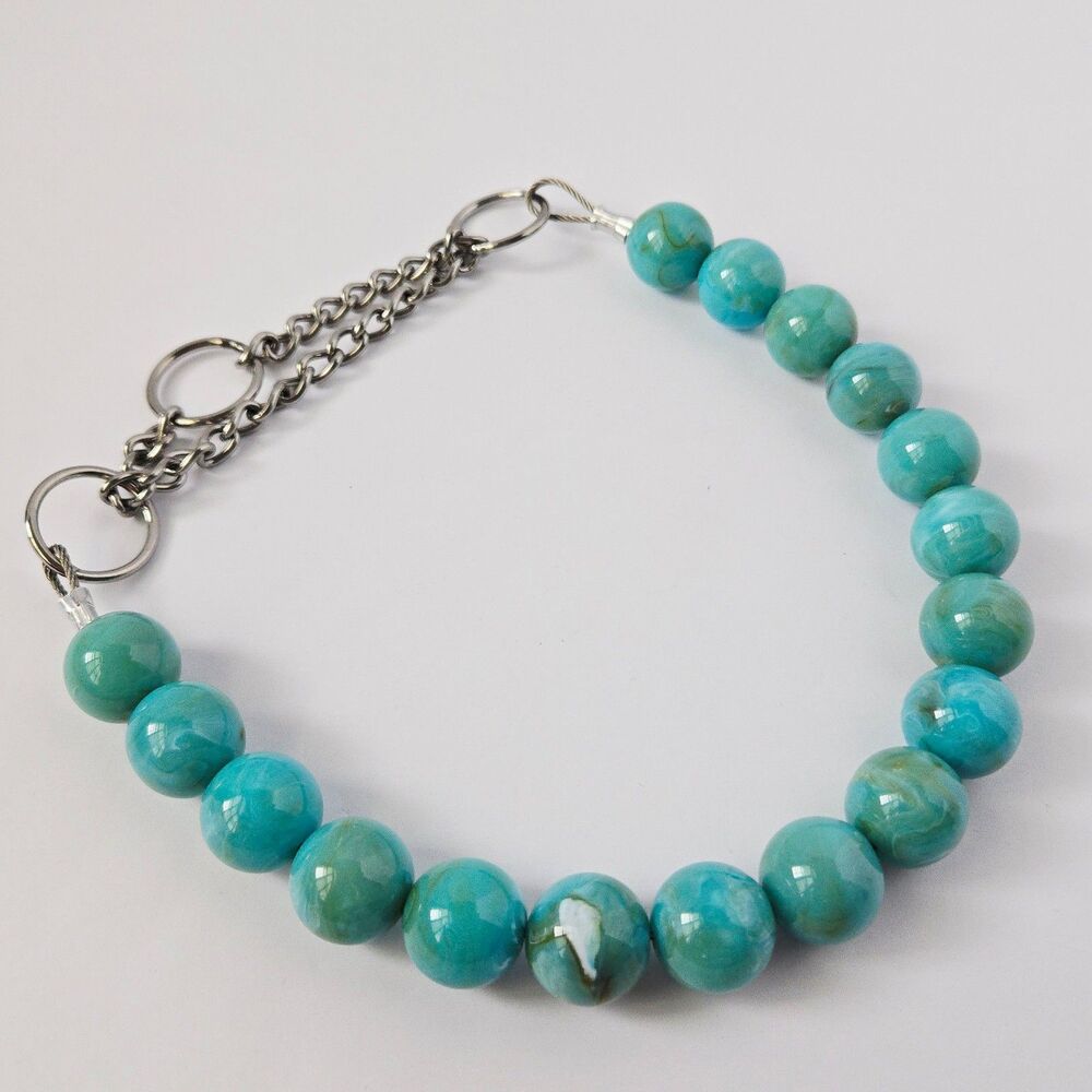 Handmade Teal Blue Beaded Dog Collar Necklace Jewelry Durable Acrylic 19" Large